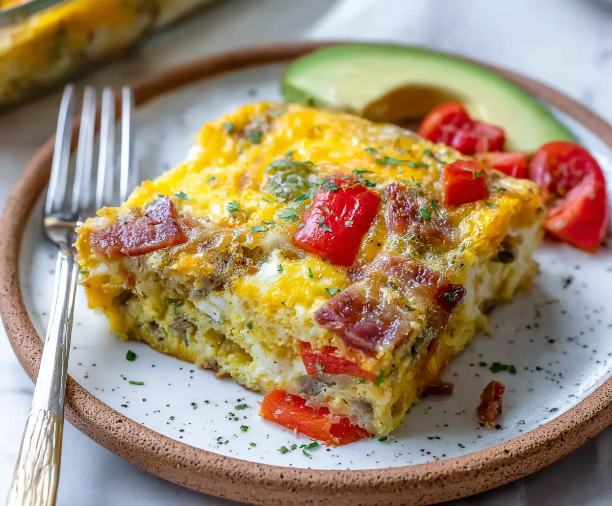Delicious breakfast egg bake with vegetables and cheese, perfect for a hearty morning meal.
