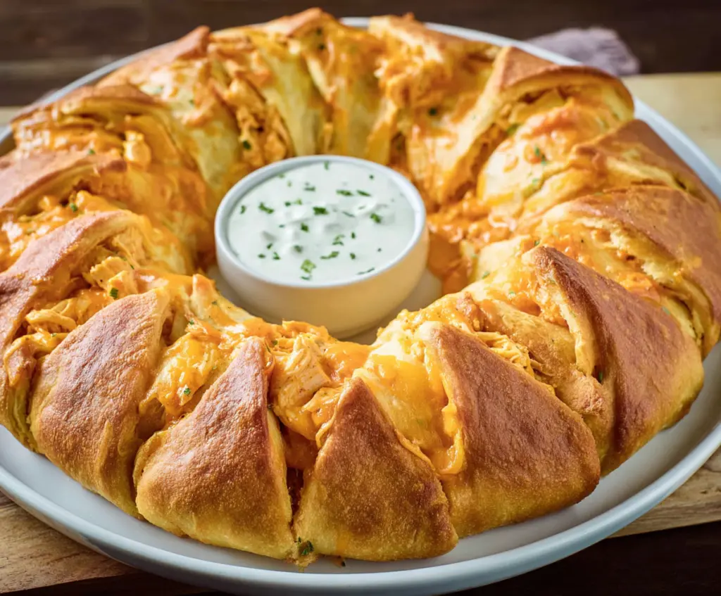 Buffalo Chicken Crescent Roll Ring garnished with herbs, ready to serve as a spicy appetizer or main dish.
