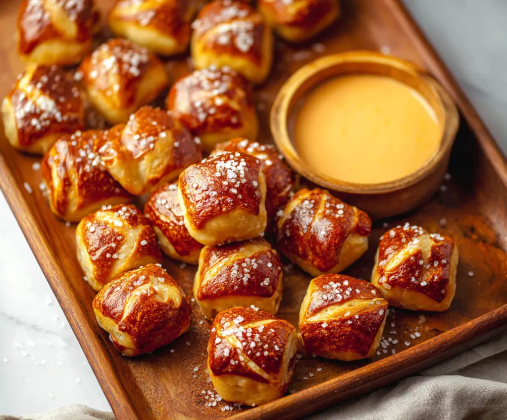 Delicious buttery soft pretzel bites sprinkled with coarse salt on a white plate