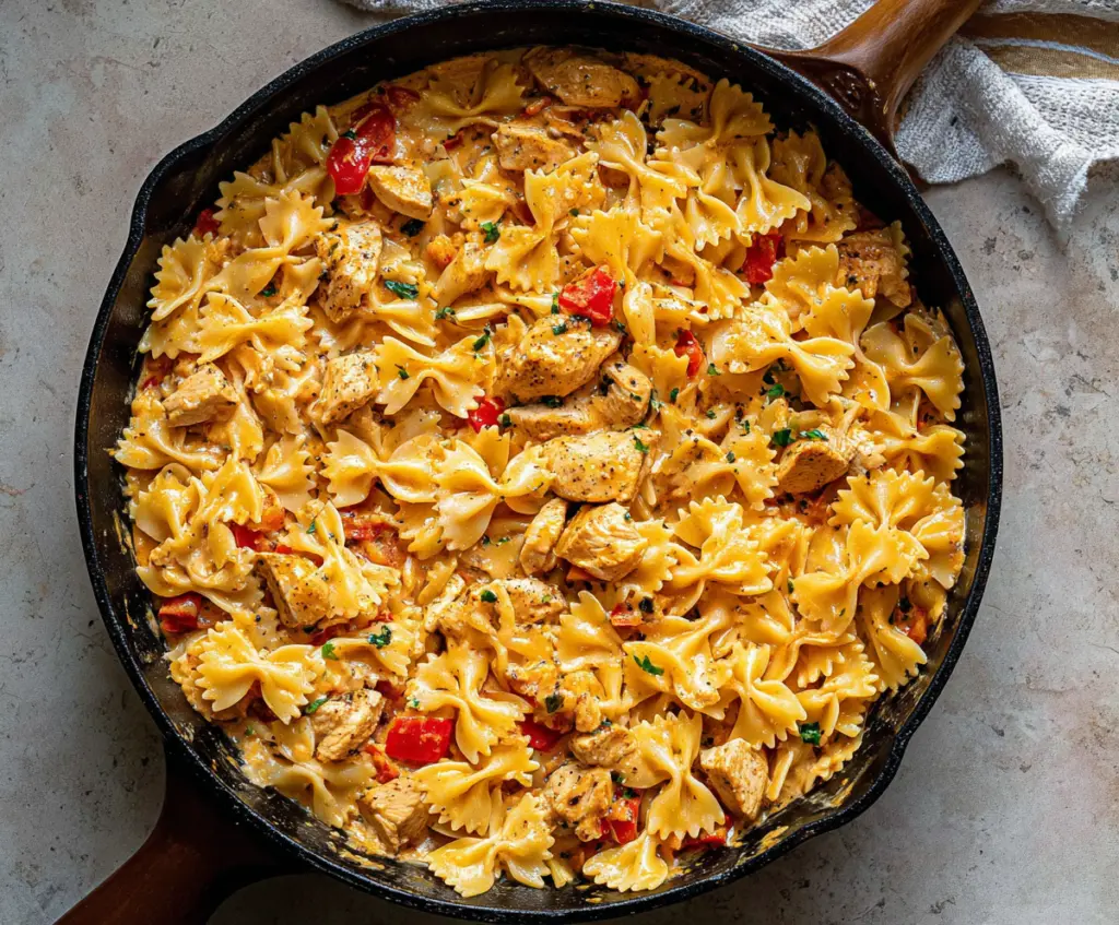Delicious Cajun Chicken Bowtie Pasta Skillet with colorful vegetables and seasoned chicken