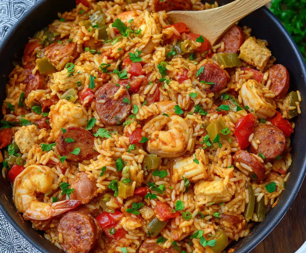 Delicious Cajun Jambalaya with tender chicken, shrimp, and sausage in a flavorful rice dish.