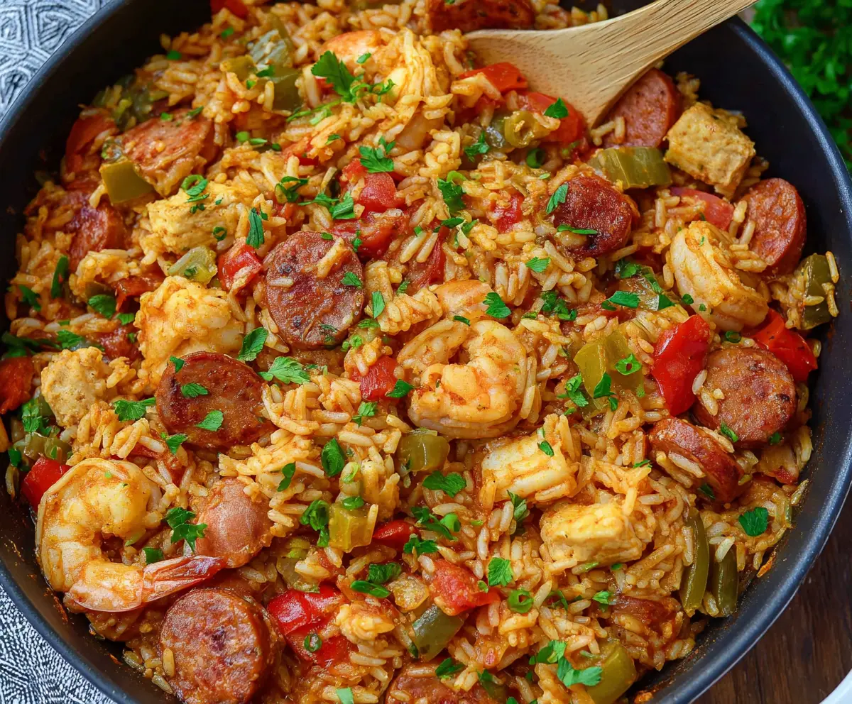 Delicious Cajun Jambalaya with tender chicken, shrimp, and sausage in a flavorful rice dish.
