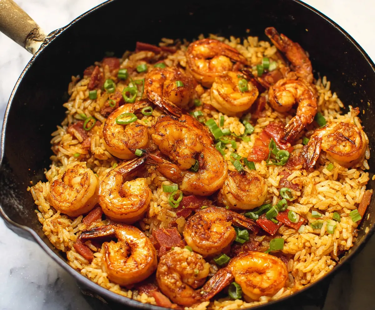 Savory Cajun Shrimp and Rice Skillet featuring spicy seasoned shrimp served with colorful vegetables.