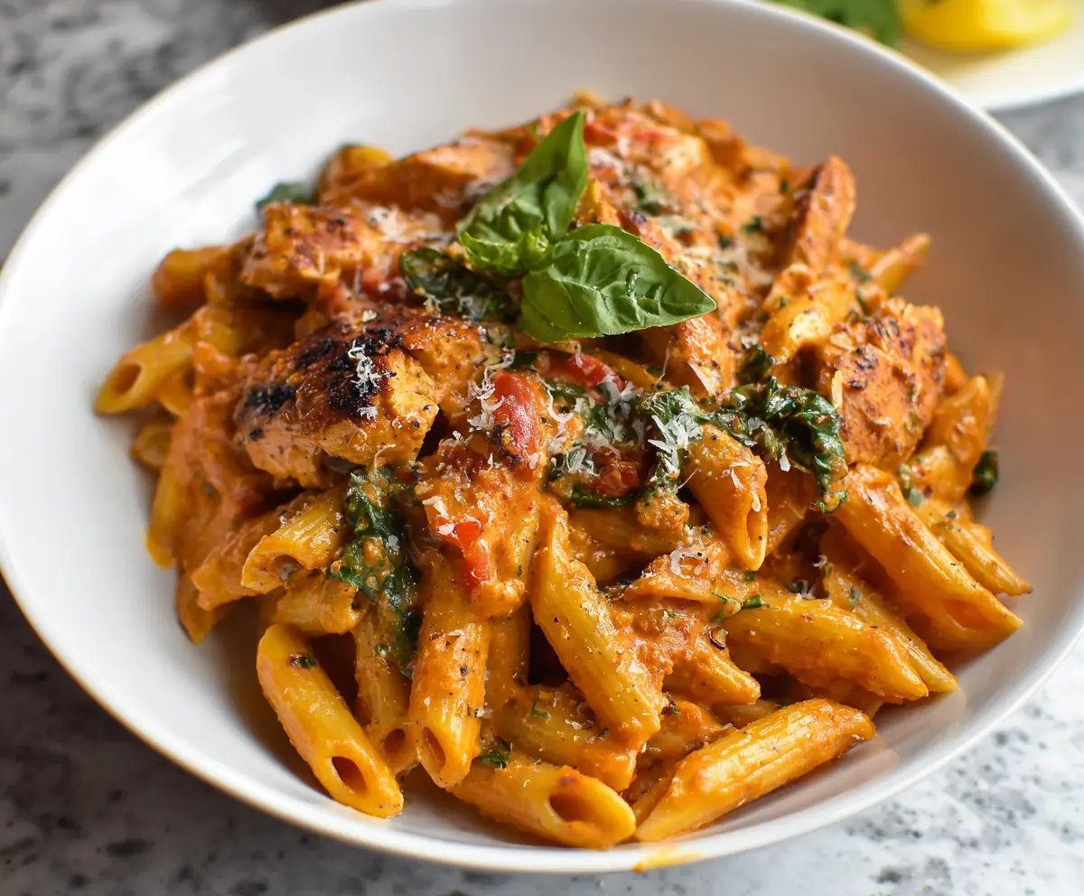 Creamy tomato chicken pasta dish with tender chicken pieces and rich sauce