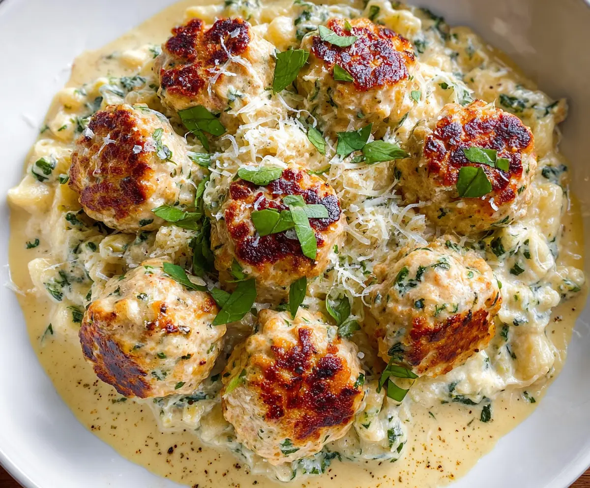 Delicious chicken ricotta meatballs served with fresh herbs and marinara sauce.