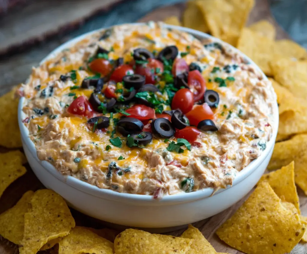 Delicious Chicken Taco Dip with melted cheese, seasoned chicken, and colorful toppings served in a bowl.