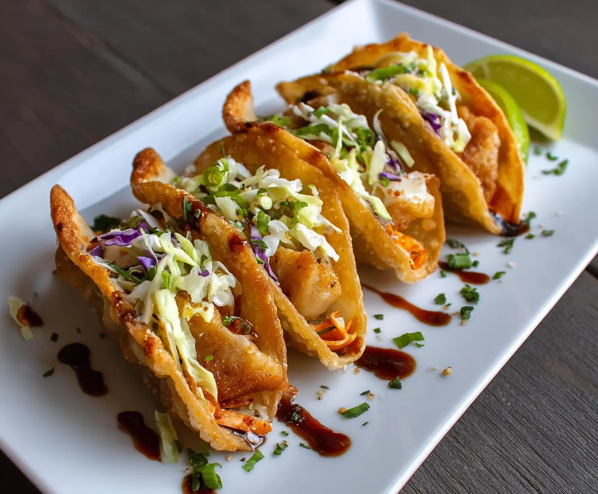 Delicious chicken wonton tacos filled with seasoned chicken and fresh toppings on a plate.