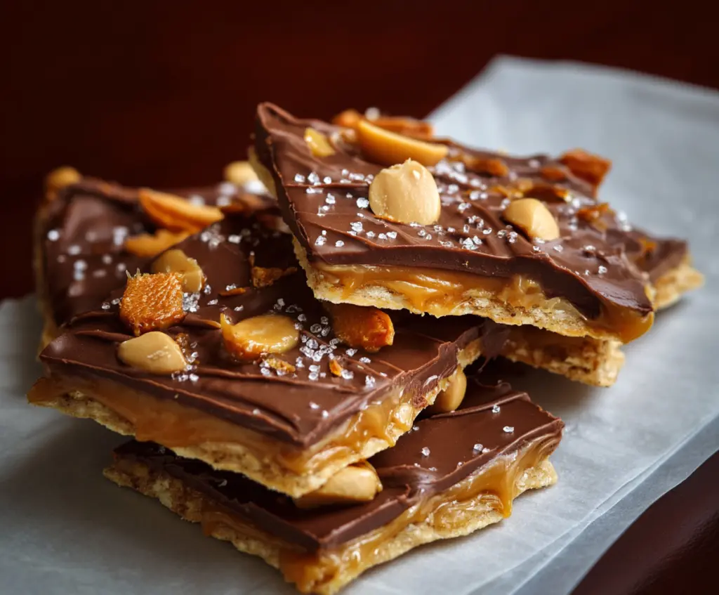 Delicious Chocolate Peanut Butter Cup Cracker Toffee topped with melted chocolate and crunchy toffee pieces