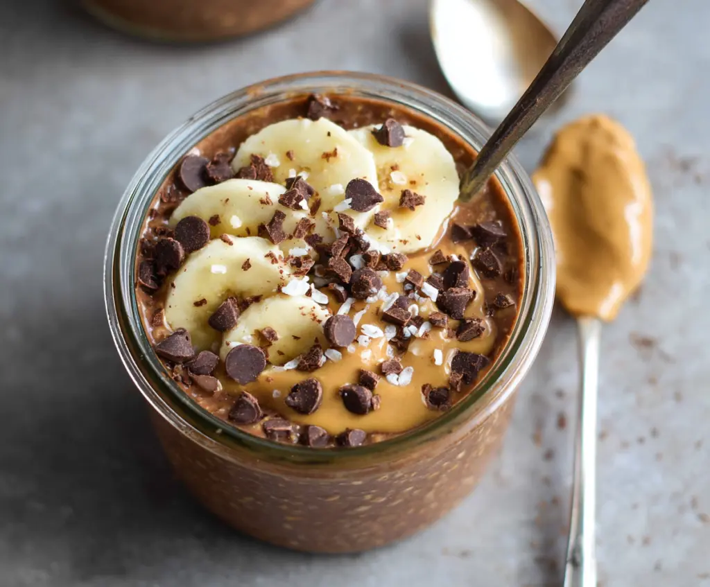 Creamy Chocolate Peanut Butter Overnight Oats in a glass jar with a spoon