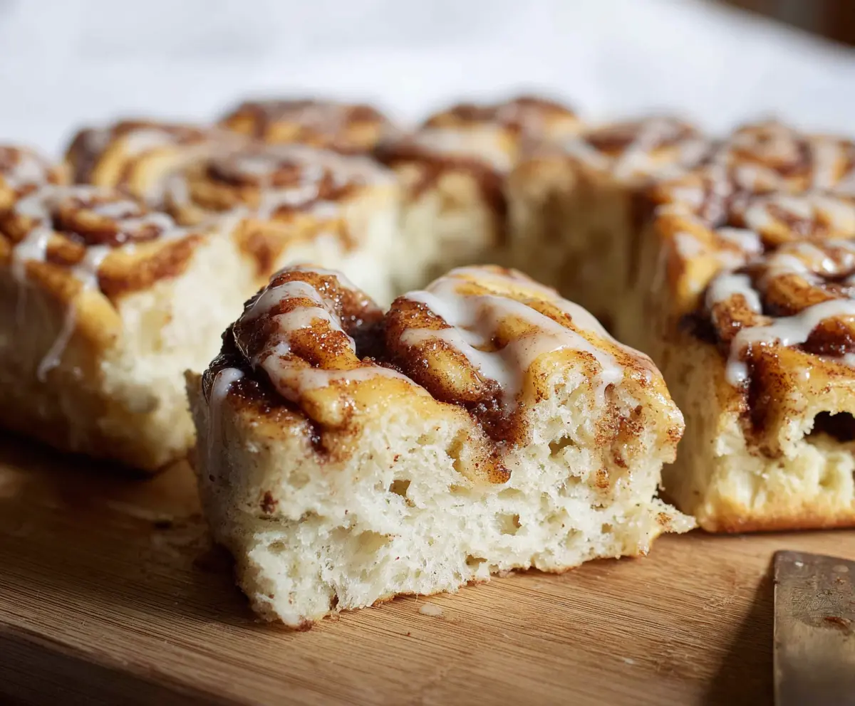 Delicious Cinnamon Roll Sourdough Focaccia topped with cinnamon sugar glaze.