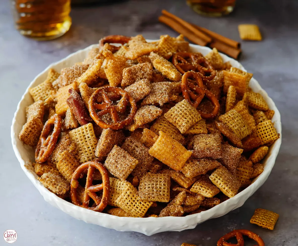 Delicious homemade Cinnamon Sugar Chex Mix garnished with cinnamon and sugar.