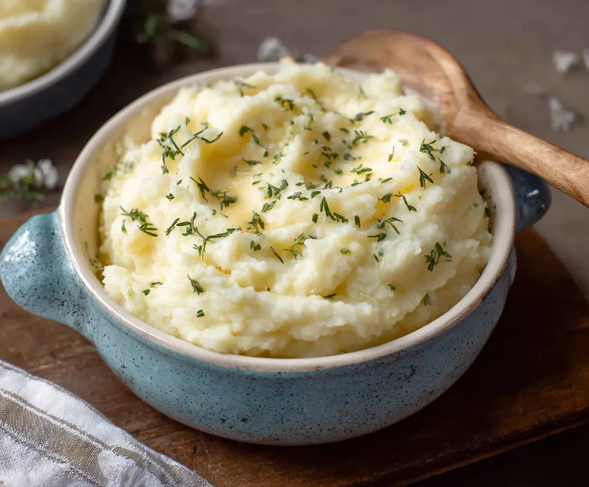 Creamy cottage cheese mashed potatoes served as a healthy side dish.