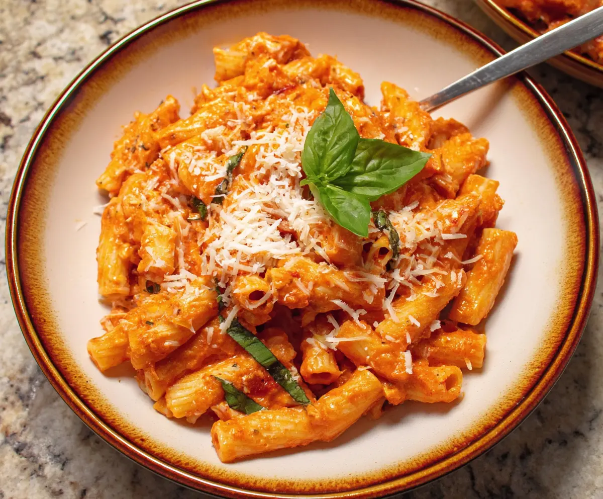 Creamy cottage cheese pasta sauce ready to serve with fresh herbs and grated cheese