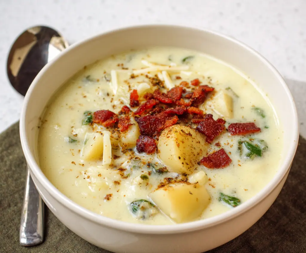 Creamy cottage cheese potato soup served in a bowl with fresh herbs, perfect for a comforting meal.