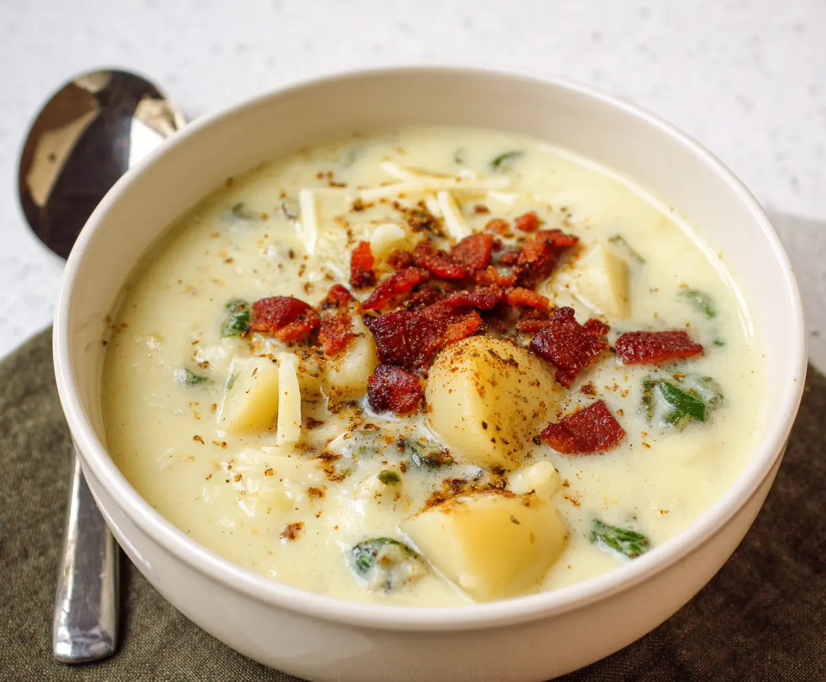 Creamy cottage cheese potato soup served in a bowl with fresh herbs, perfect for a comforting meal.