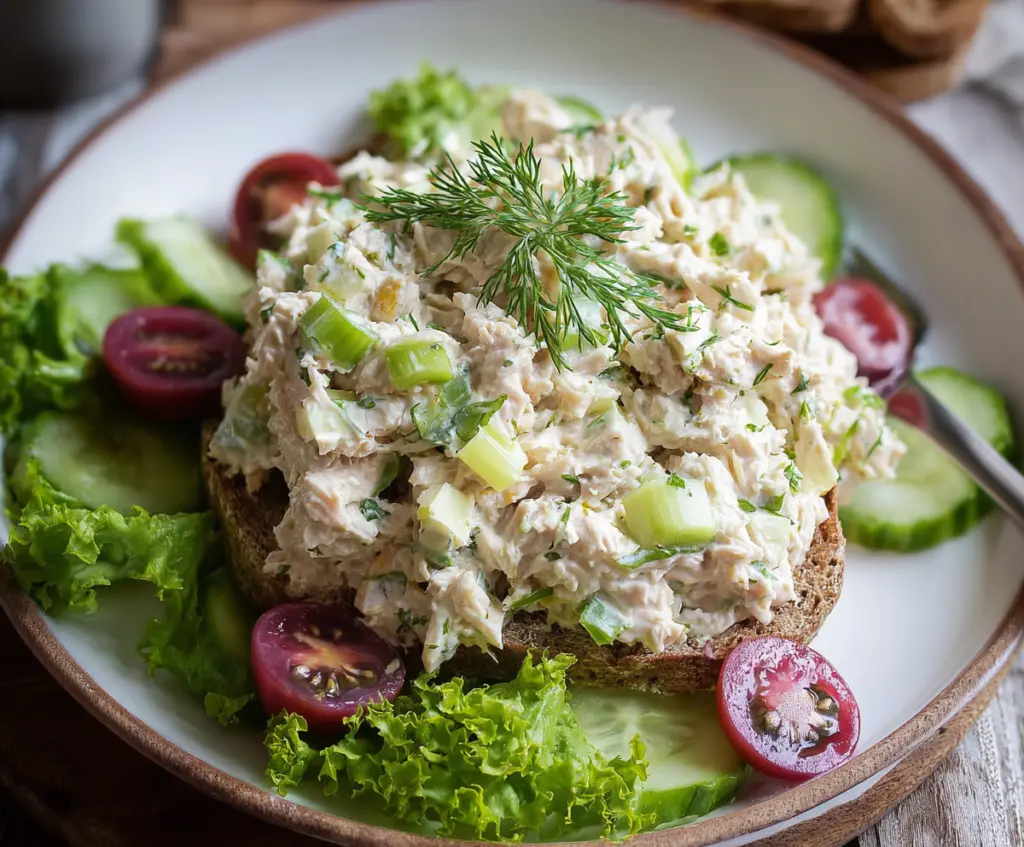 Healthy cottage cheese tuna salad with fresh vegetables and herbs.