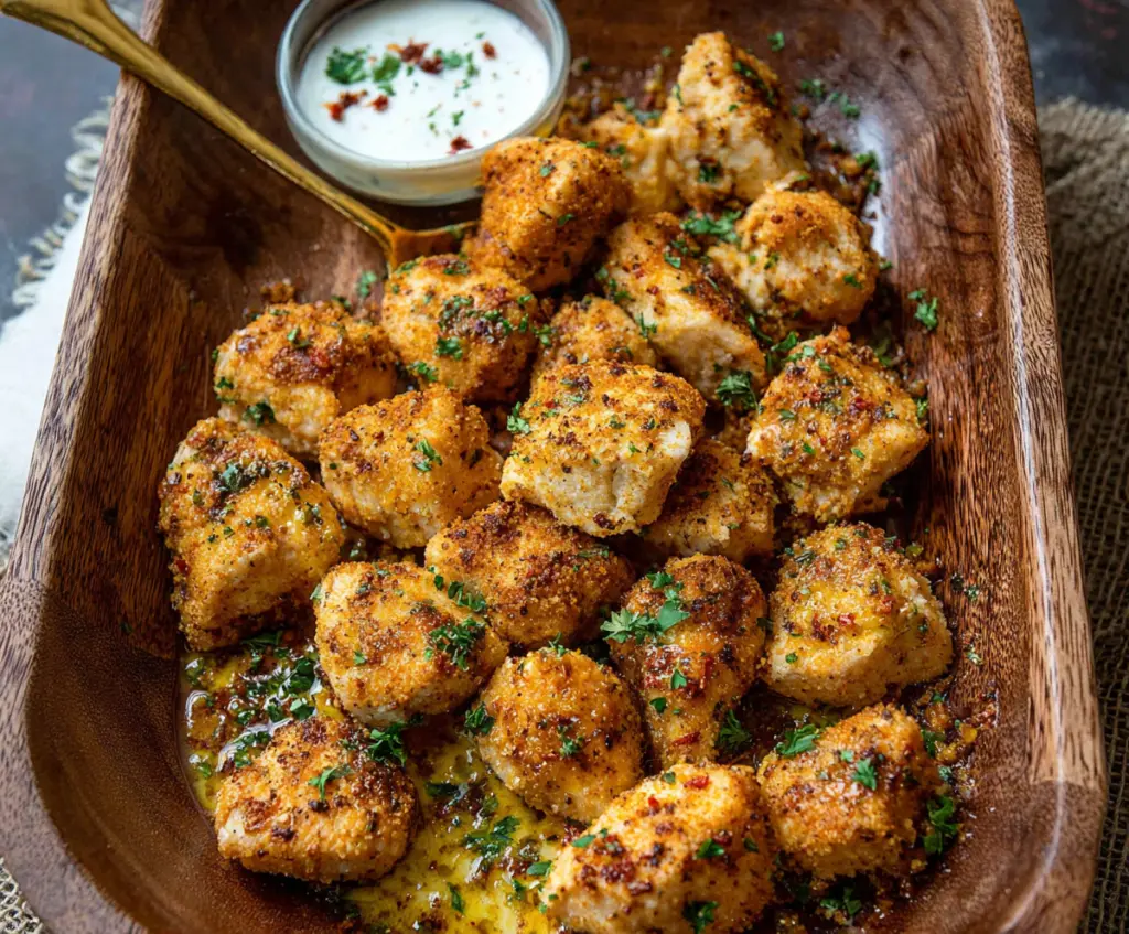 Juicy Cowboy Butter Chicken Bites served with fresh herbs and crispy edges.