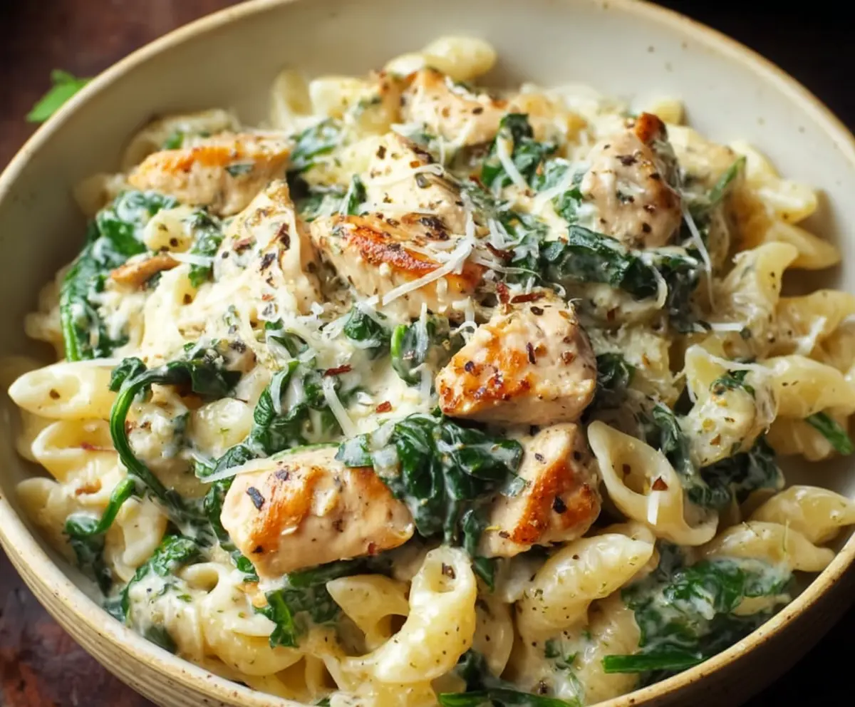 Creamy chicken and spinach pasta dish with a rich sauce and fresh ingredients