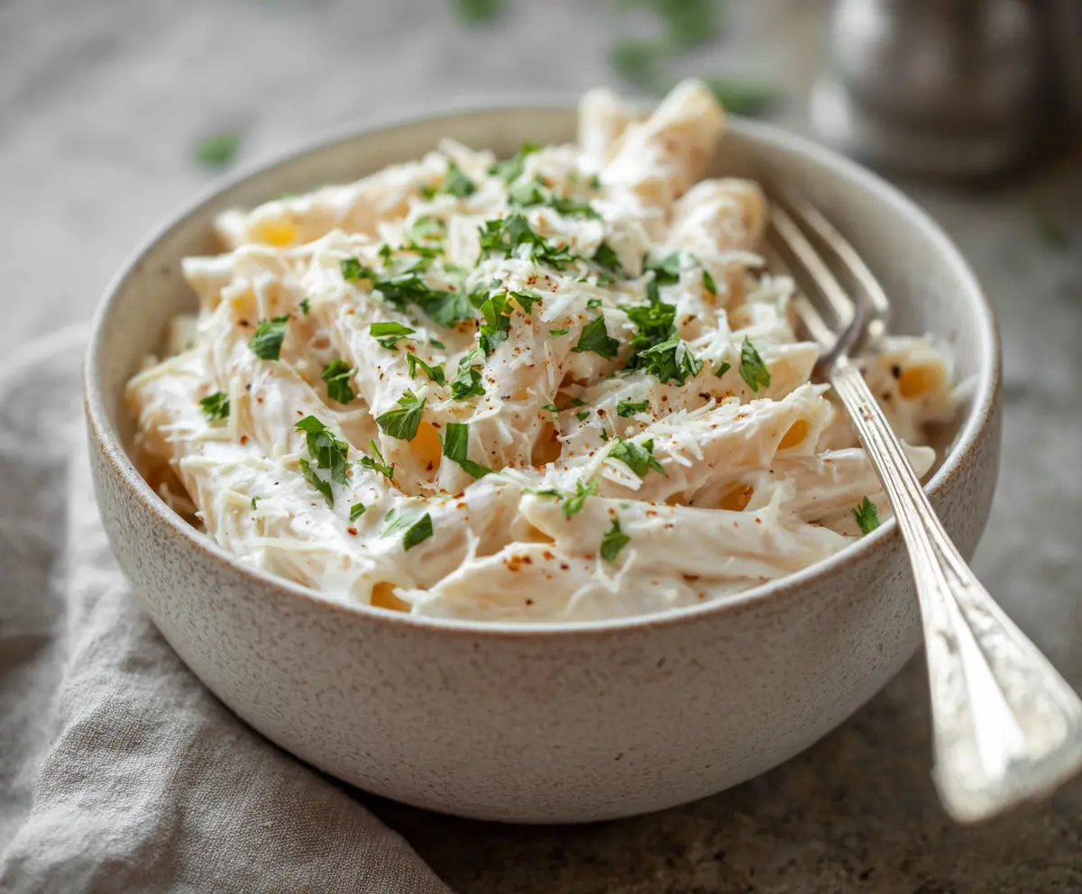Creamy cottage cheese Alfredo sauce served over pasta in a bowl, highlighting a rich and healthy Italian dinner.