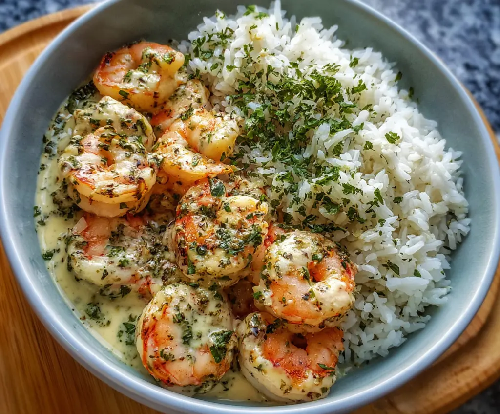 Creamy garlic butter shrimp bowl served with herb rice, featuring fresh herbs and a rich, creamy sauce.