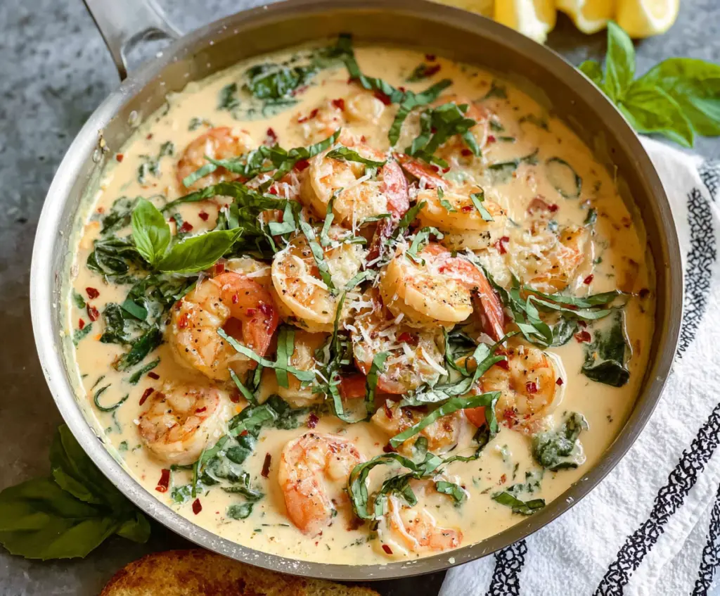 Creamy Parmesan Basil Shrimp served on a plate garnished with fresh herbs