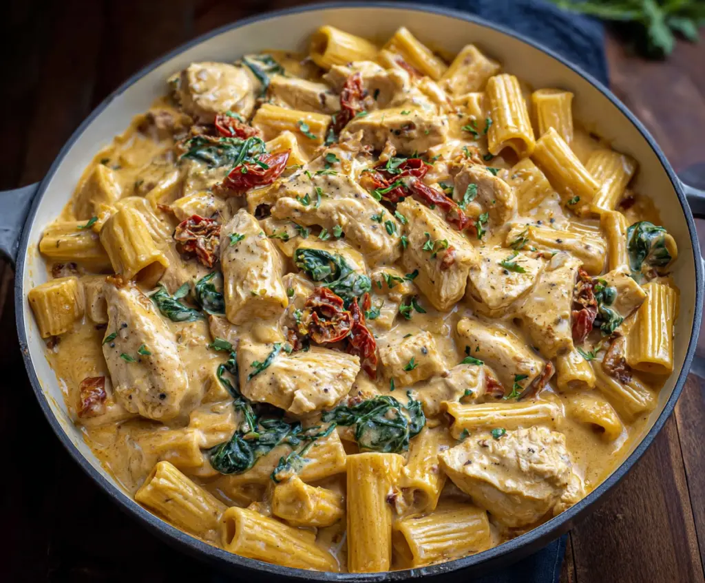 Delicious creamy Tuscan chicken pasta with fresh herbs and sun-dried tomatoes on a white plate.