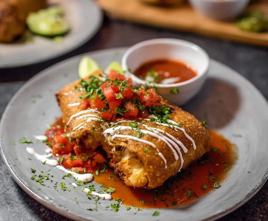 Delicious crispy chicken chimichanga served with fresh toppings and a side of salsa.