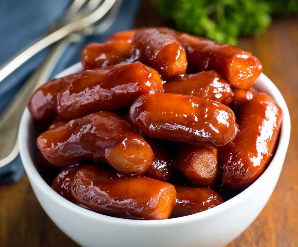 Delicious crock pot Little Smokies appetizer with savory sausages and a flavorful sauce.