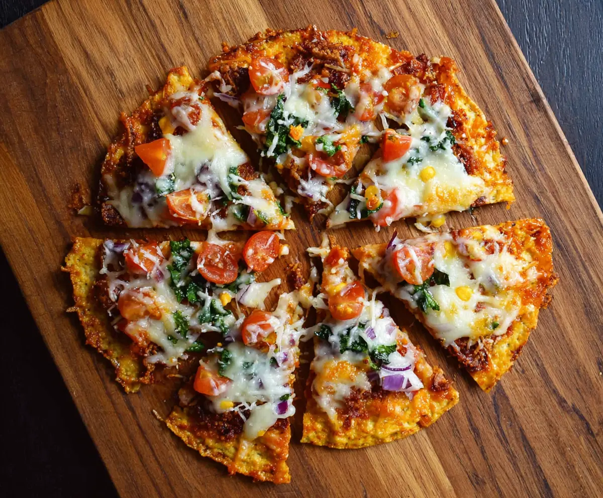 Delicious crunchy tortilla pizza topped with melted cheese, vegetables, and herbs.
