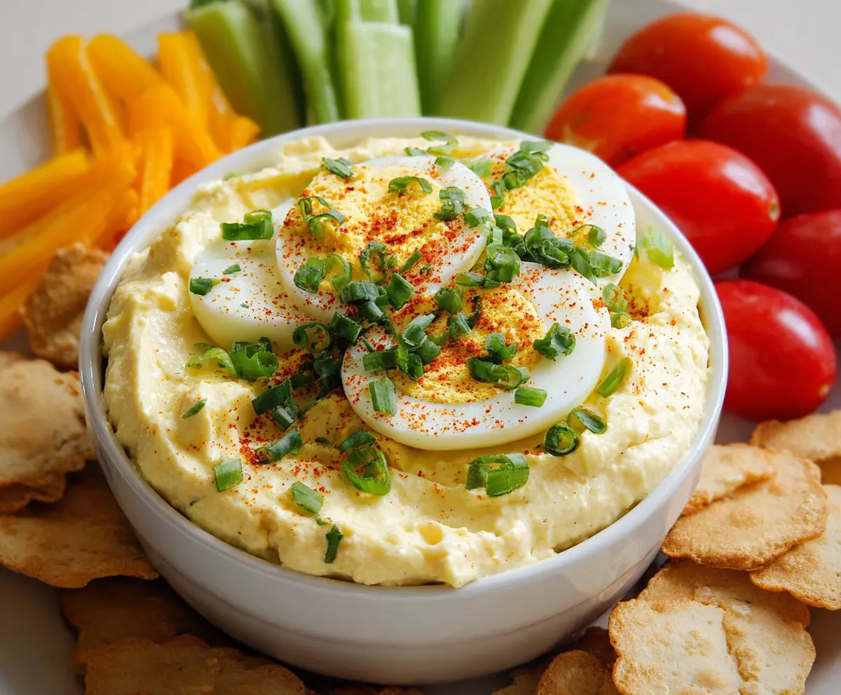 Creamy deviled eggs dip served in a bowl, garnished with paprika and chives.