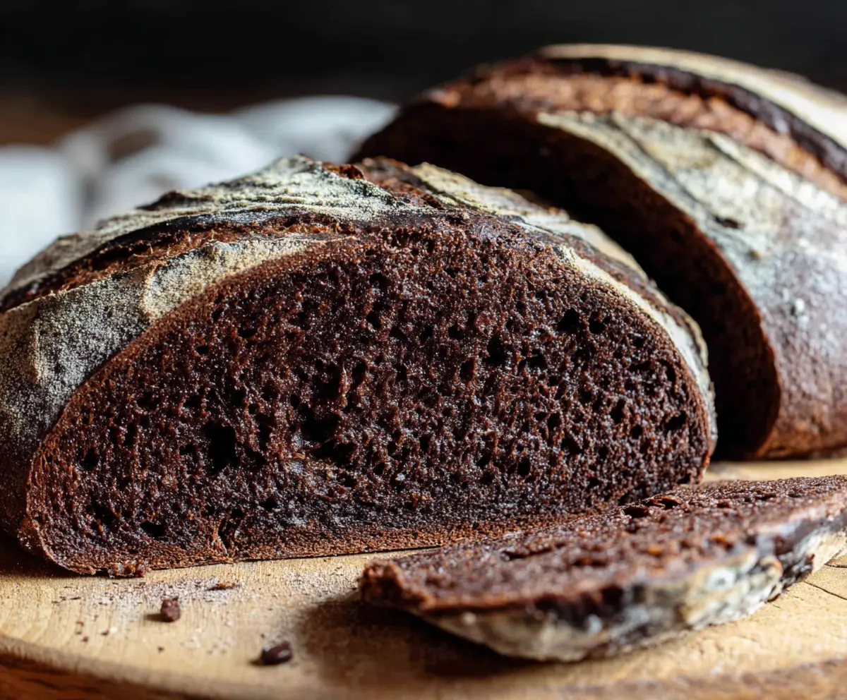 Delicious double chocolate sourdough bread sliced to reveal rich chocolate swirls inside.