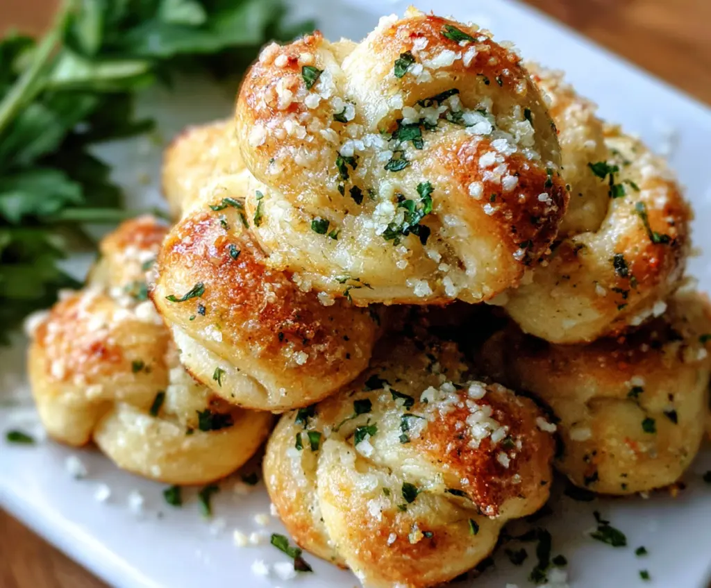 Delicious homemade garlic Parmesan knots on a platter, garnished with fresh parsley.