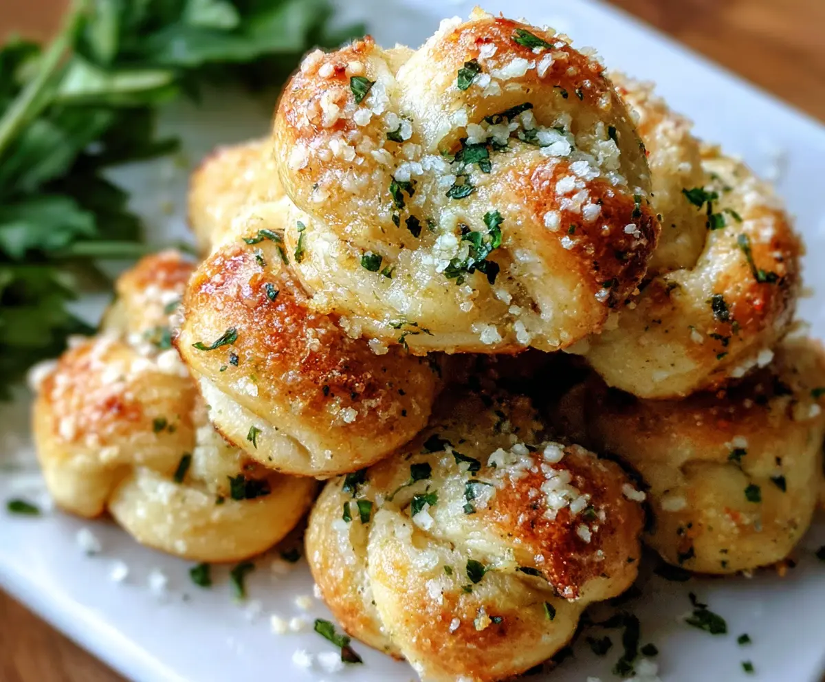 Delicious homemade garlic Parmesan knots on a platter, garnished with fresh parsley.