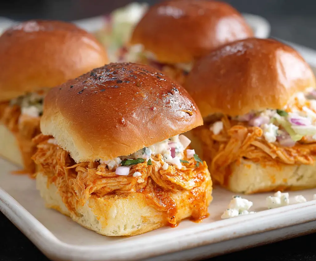Delicious fiery buffalo chicken sliders fresh out of the oven, perfect for party snacks.