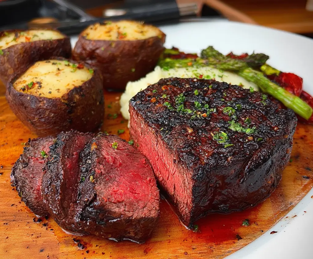 Juicy filet mignon steak cooked to perfection on a rustic wooden table.