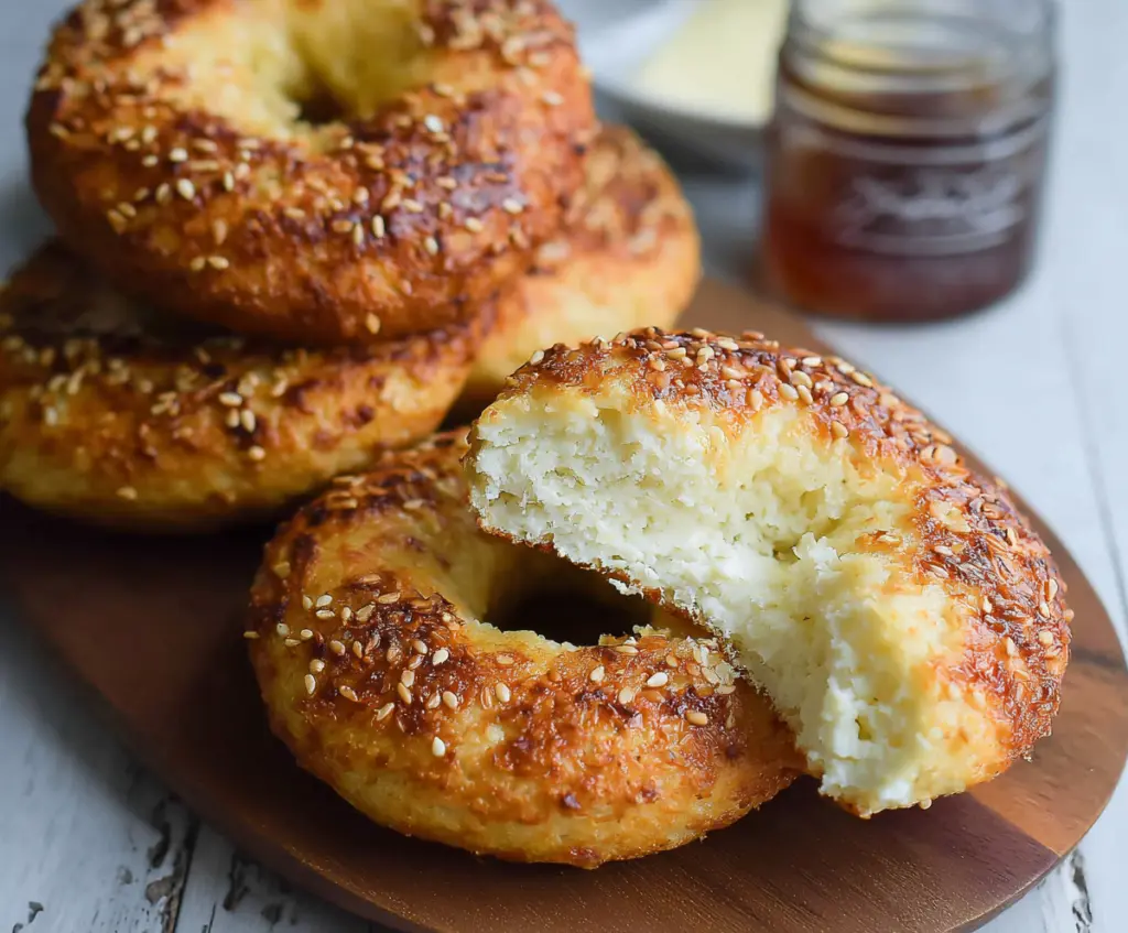 Delicious fluffy cottage cheese almond flour bagel on a white plate, perfect for a healthy breakfast.