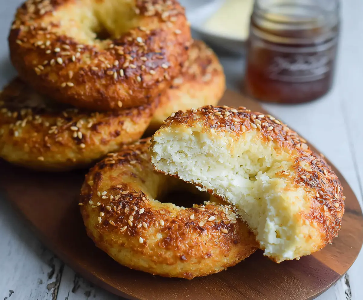Delicious fluffy cottage cheese almond flour bagel on a white plate, perfect for a healthy breakfast.