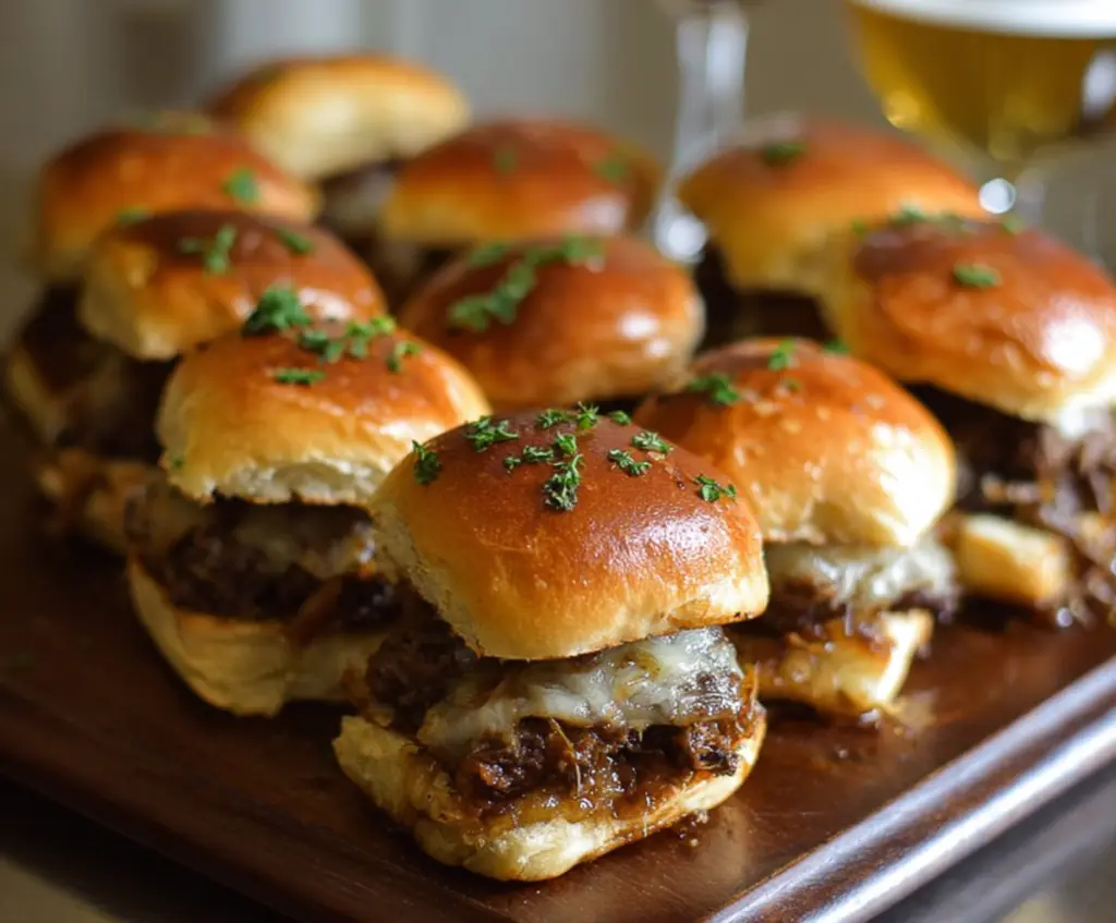 Delicious French Onion Beef Sliders topped with melted cheese on a serving platter.