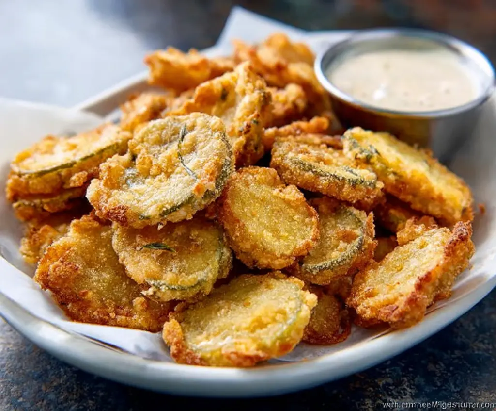 Crispy fried pickles served with dipping sauce on a rustic plate
