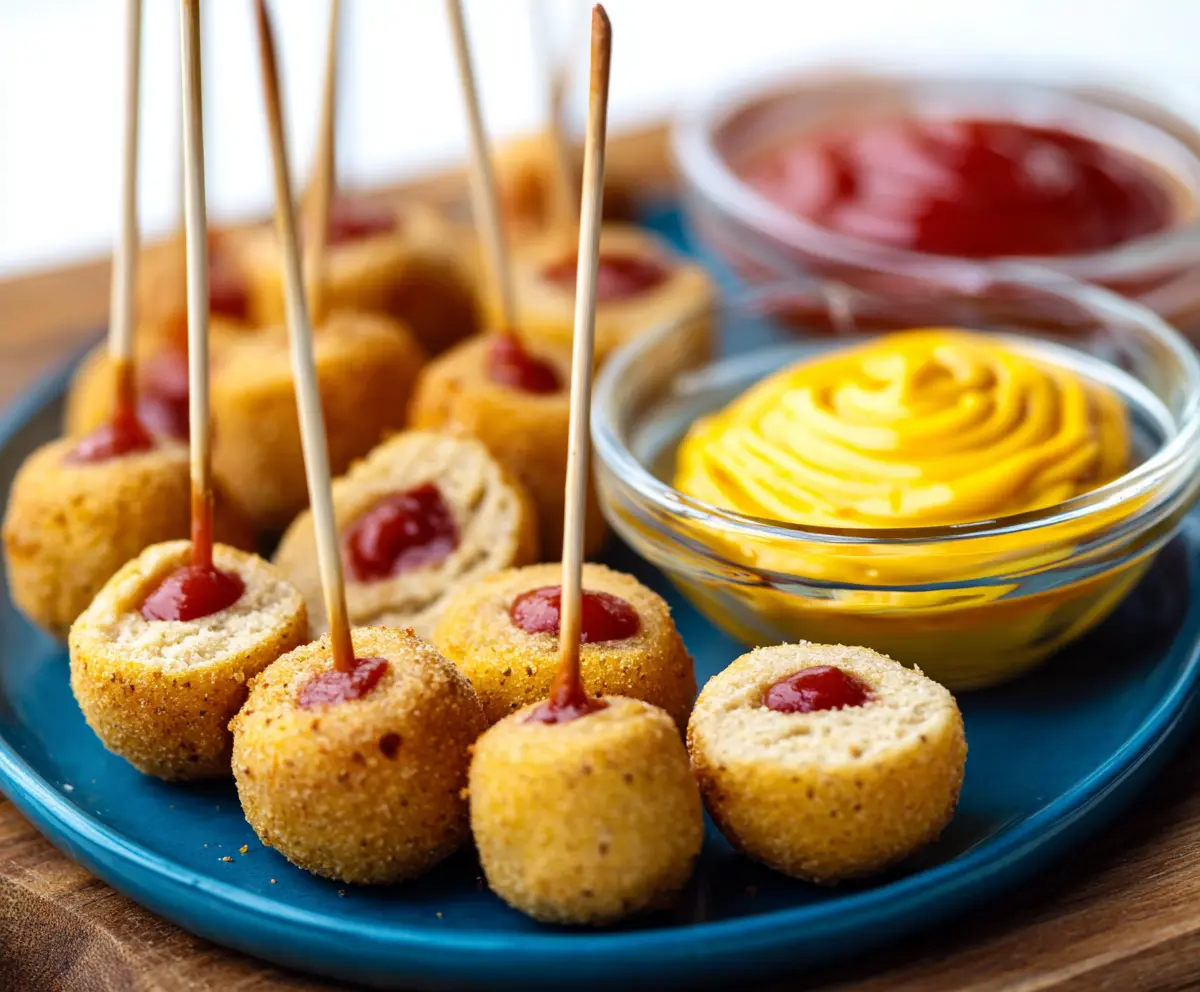 Plate of crispy mini vegan corndog bites perfect for game day snacking.