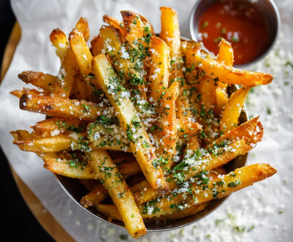 Crunchy garlic and parmesan fries with golden-brown exterior served as a delicious snack or side dish.