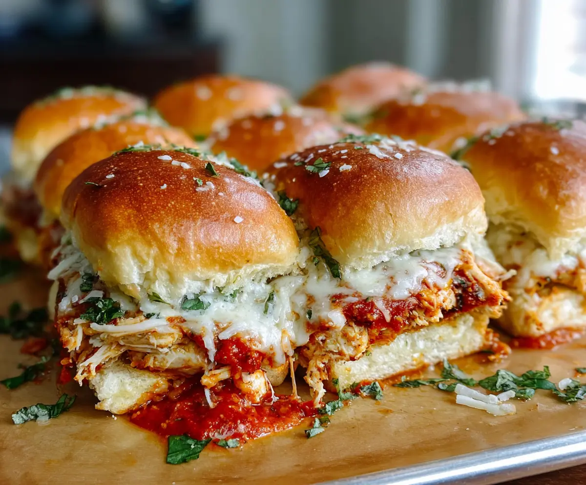 Delicious Garlic Chicken Parmesan Sliders with melted cheese and crispy bread buns.