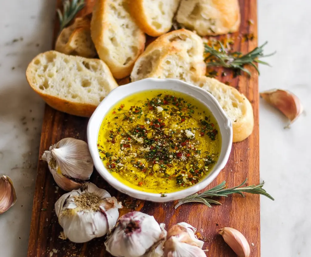 Delicious garlic olive oil dip with fresh herbs served in a rustic bowl