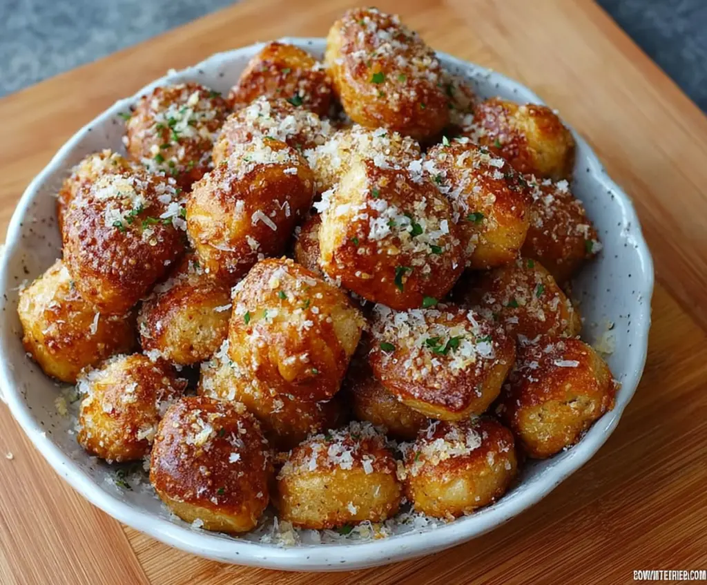 Golden garlic Parmesan pretzel bites served with dipping sauce on a rustic plate.