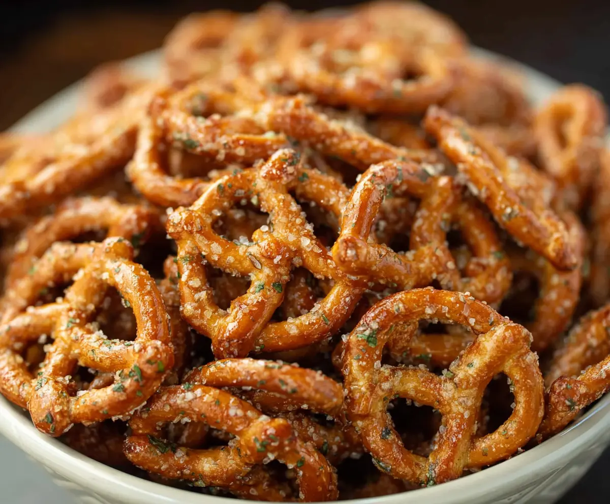 Golden garlic ranch pretzels with a crispy texture and flavorful herb coating.