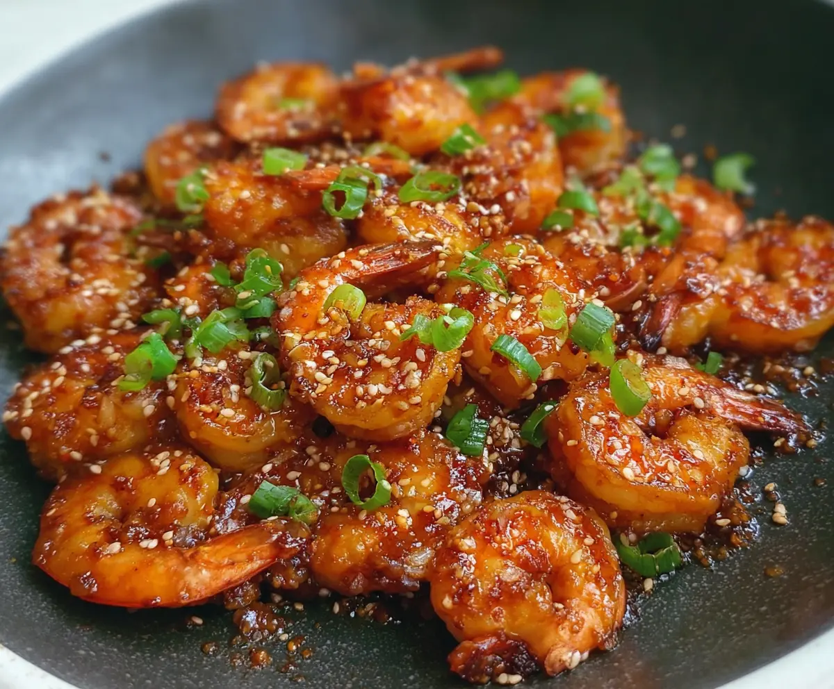 Delicious ginger honey glazed shrimp served on a plate, showcasing a glossy, flavorful coating with fresh herbs.