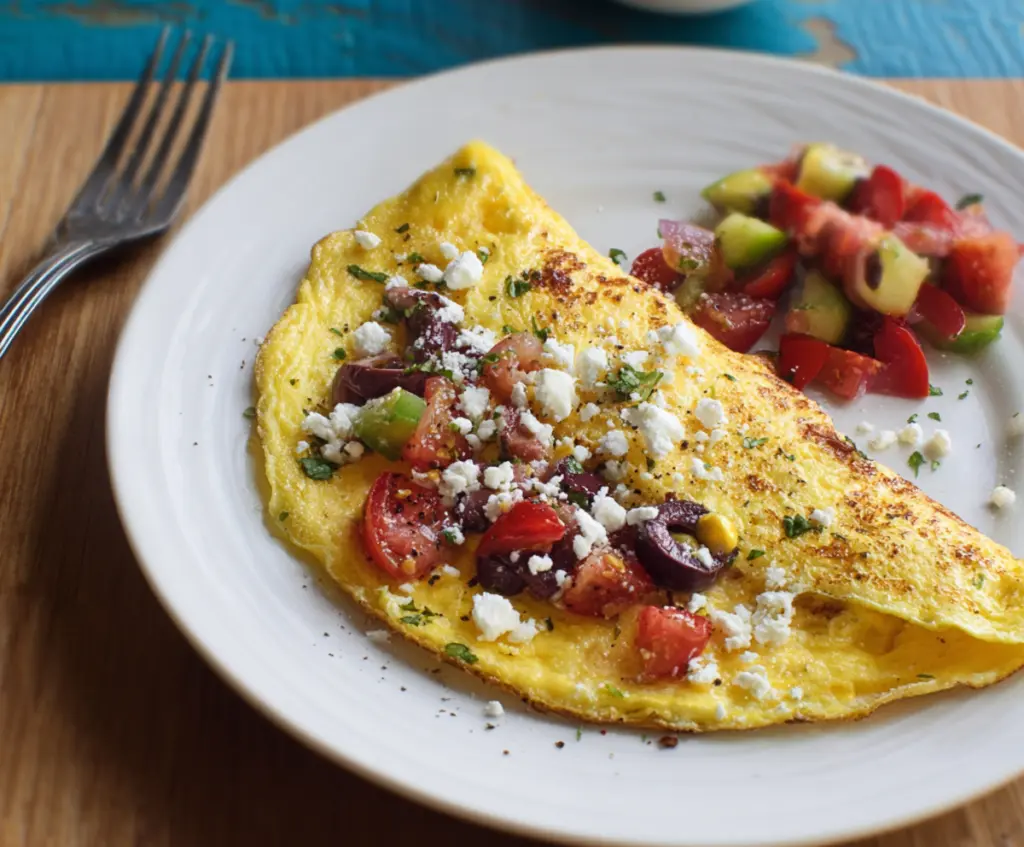 Delicious Greek omelet with feta cheese, tomatoes, and fresh herbs on a plate.