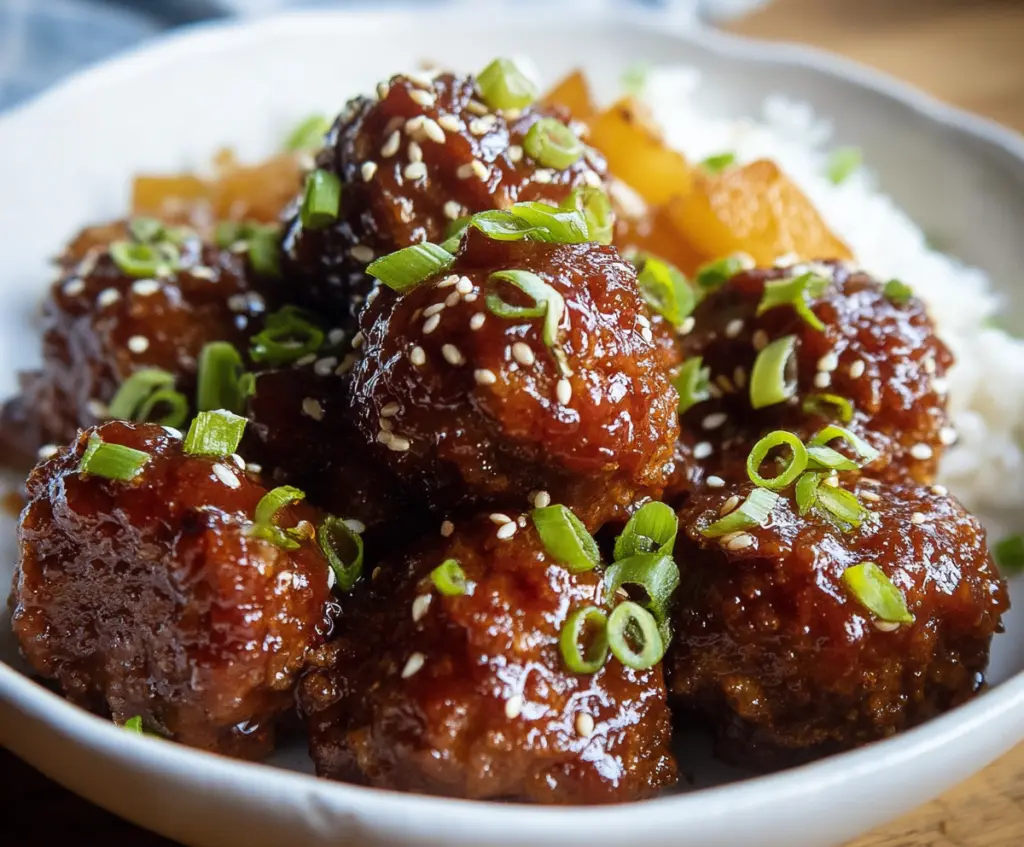 Delicious Hawaiian Meatballs served with pineapple and herbs on a white plate.