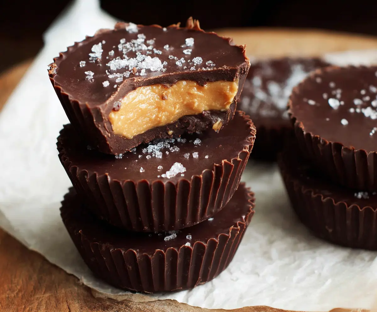 Delicious homemade healthy dark chocolate peanut butter cups on a plate