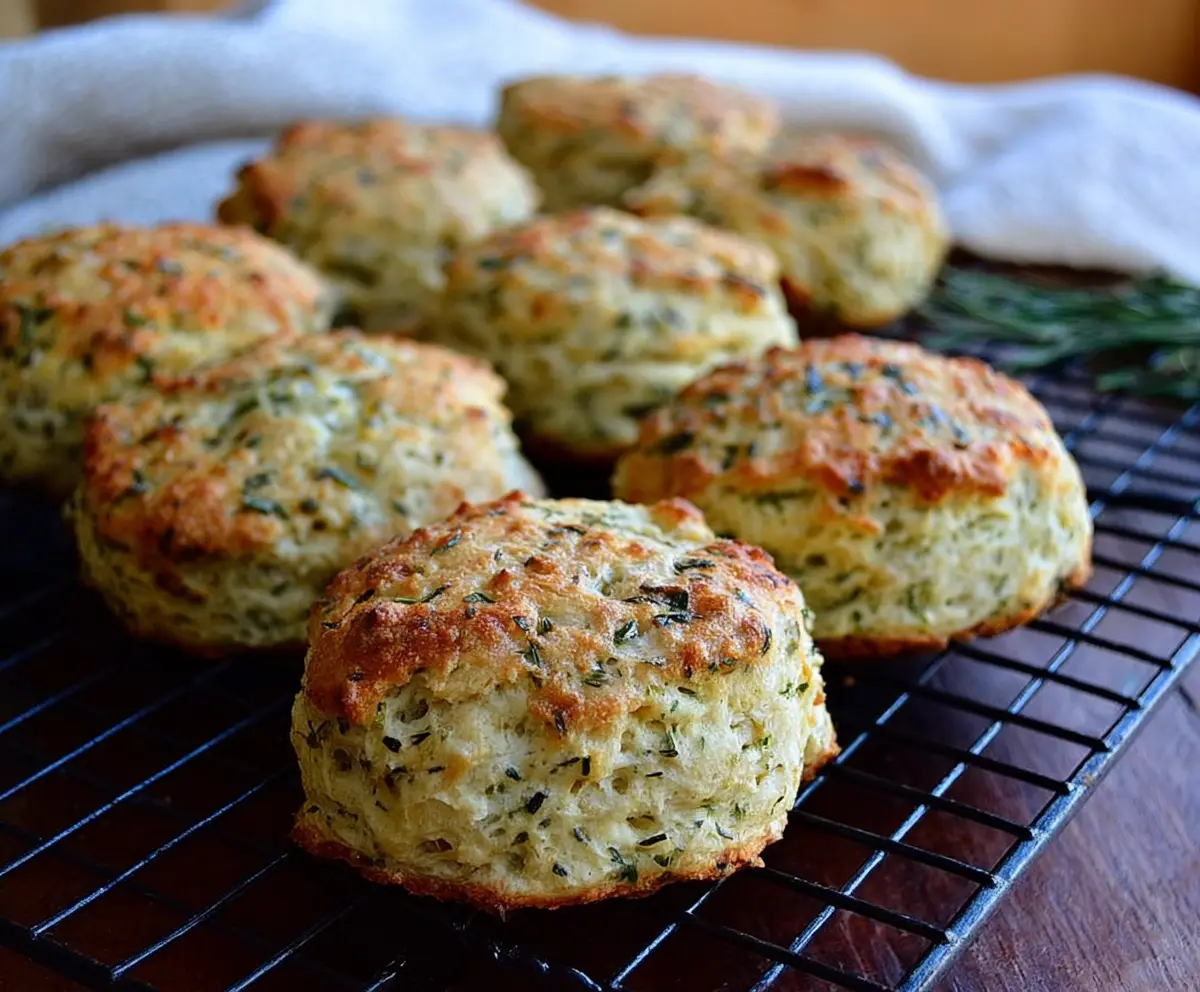 Delicious herbed cottage cheese biscuits fresh out of the oven, showcasing a golden crust and savory herbs.